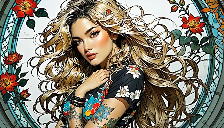 :: yoji shinkawa style :: comix 2.0 illustration style, tattoo style, comic book style, beautiful woman with ultra detailed long hair, (beautiful and clear background: 1.2), fantastic paintings, graffiti style, flowers, highly detailed eyes, dressed with a...