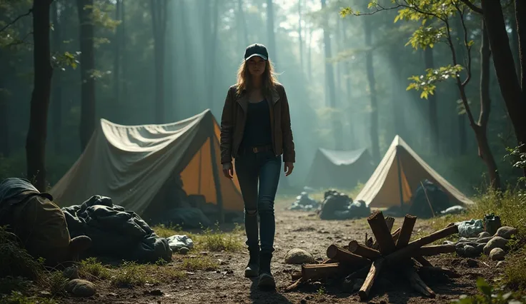 Capture a highly realistic scene from behind of a young woman discovering an abandoned camping area deep in the forest. Dressed in a worn leather jacket, dark t-shirt, denim pants, black boots, and a black baseball hat, she cautiously steps into the cleari...