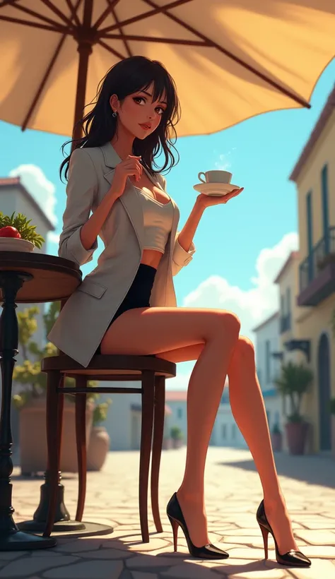 Anime style, front to viewer, beautiful woman, elegant Italian on the Sicilian coast, flaunting sex appeal, wearing a short elegant skirt, a jacket and high heels emphasizing her long and beautiful legs, sitting on a chair, sitting at a table in a street c...