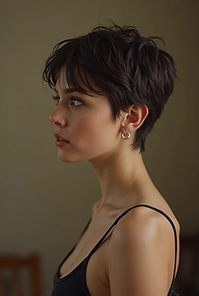 Beautiful girl with short hair swallows big cock side view