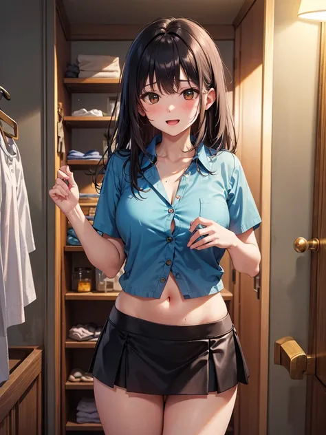 ((Best Quality)), ((masterpiece)), (detailed), One person,Age 25,(Black Mini Skirt),(Blue Top),(Please open the buttons on your shirt),Large exposed navel ,Red cheeks,Underbust,(I can see your chest),(Excited expression),(Seduce),night,circuit,Dim lighting...