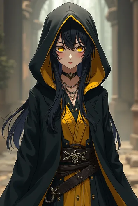 Full body anime character, wearing a hood colored black externally and yellow internally along with Western clothing from the ancient era, black hair with golden highlights.