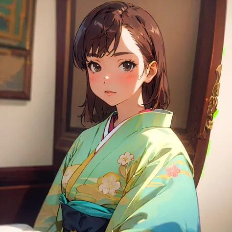 ((highest quality)), ((masterpiece)), (detailed), perfect face, kimono girl standing in bed room portrait