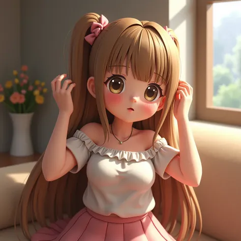 ภาพFull body, 3D virtual reality, Masterpiece, Maximum resolution, เขิลshy, 1girl, Full body, long straight hair, Golden brown hair with long bangs that are as long as the eyebrows., Big Breasts, Blushing, Round face, Chubby cheeks, shy, off-the-shoulder s...