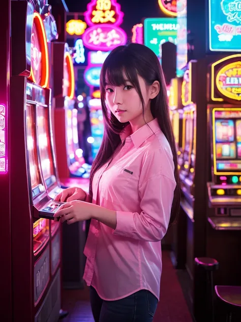 1girl, cute asian girl, playing slot machine, neon pink and white shirt, heist stakes: adventure in the world, realistic, photorealistic, 8k, high quality, professional lighting, intricate details, hyperrealistic, masterpiece, chiaroscuro lighting, cinemat...