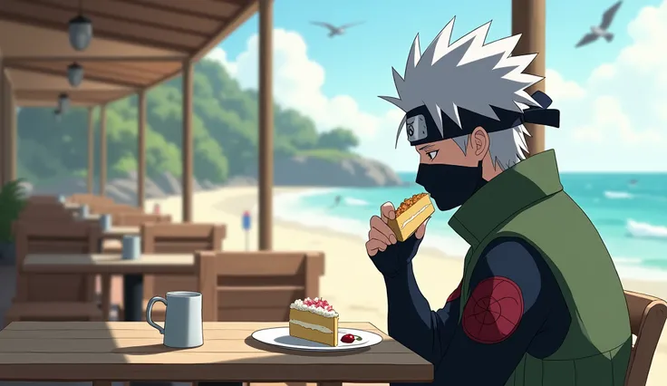 Kakashi hatake sitting in a restaurant by the beach eating a vanilla cake