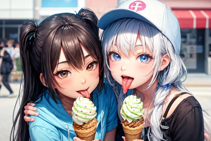 (Two people licking the only ice cream bar)、(Long Tongue:1.7)