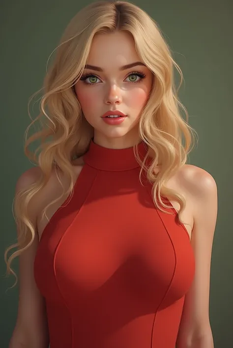 chubby girl,white,wavy blond hair,pretty,green eyes,1.55cm,pink lips,curvilinear, dressed in a red dress