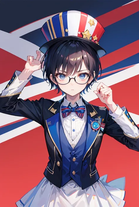 Standing portrait, Central Focus, Centered, Fully in-frame, Solo, Standing still, zoomed out

Gender: boy

Appearance: short black spiky hair, glasses, +earpiece, +blue and white striped suit, +star-patterned necktie, +red, white, blue striped tophat, +pat...