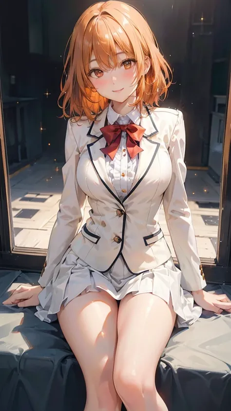 8k resolution,((Best Quality)),Ultra-high resolution,Adult women, Alone, sexy, (A kind smile), (Orange eyes), A beautiful, symmetrical face, (White messy medium hair,Hair covering the eyes),Blazer uniform,Pleated skirt,Seductive pose,Realistic:1.4,Realisti...