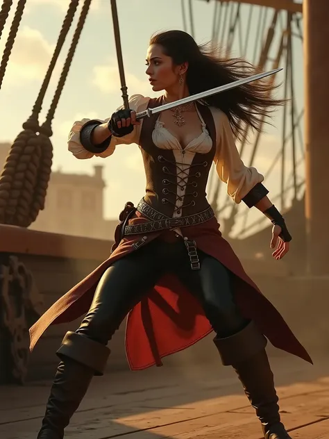 A still from the movie. RAW photo of a slender Spanish woman wearing an elegant costume of a medieval pirate with a rapier in her hand. Dynamic attack scene. Cinematic setting, battle on the deck of a ship, smoke from shots, fire. Sweltering afternoon, dyn...