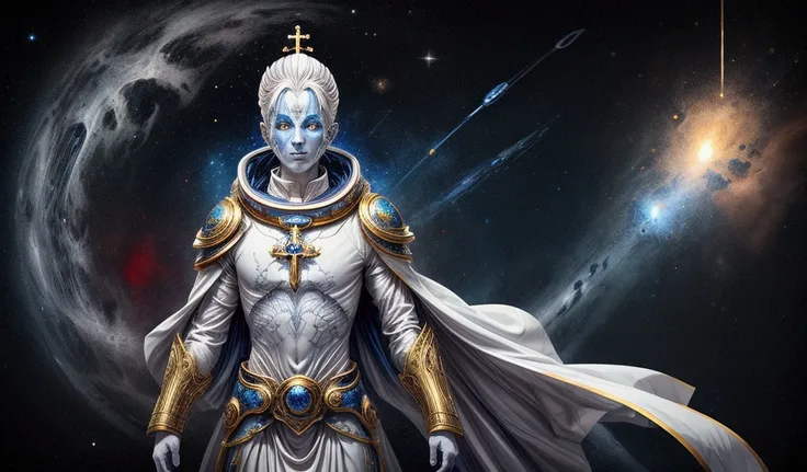 priest, white marble skin, with blue cracks, with illuminated eyes, with gold and red details, space background, with head tilted back,  full body