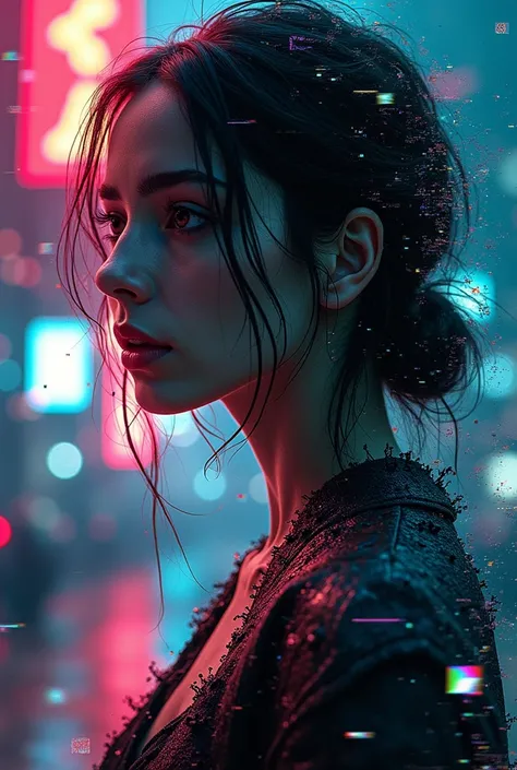 Uma linda mulher jovem, (glitch art, emotional design:1.3), cell phone, wifi virus attached, abstract digital art, digital corruption, pixel distortion, neon colors, cyberpunk, dark atmosphere, dystopian, experimental, futuristic, dynamic composition, intr...