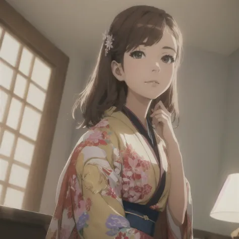 ((highest quality)), ((masterpiece)), (detailed), perfect face, kimono girl standing in bed room portrait