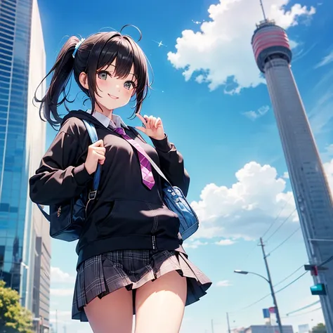 One girl、smile,Short ponytail black hair、Small breasts、(Black hoodie:1.1)、(White dress shirt:1.1)、Normal necktie、(Checked mini skirt:1.1)、Sunny blue sky city、(whole body),School bag、Dynamic Angle