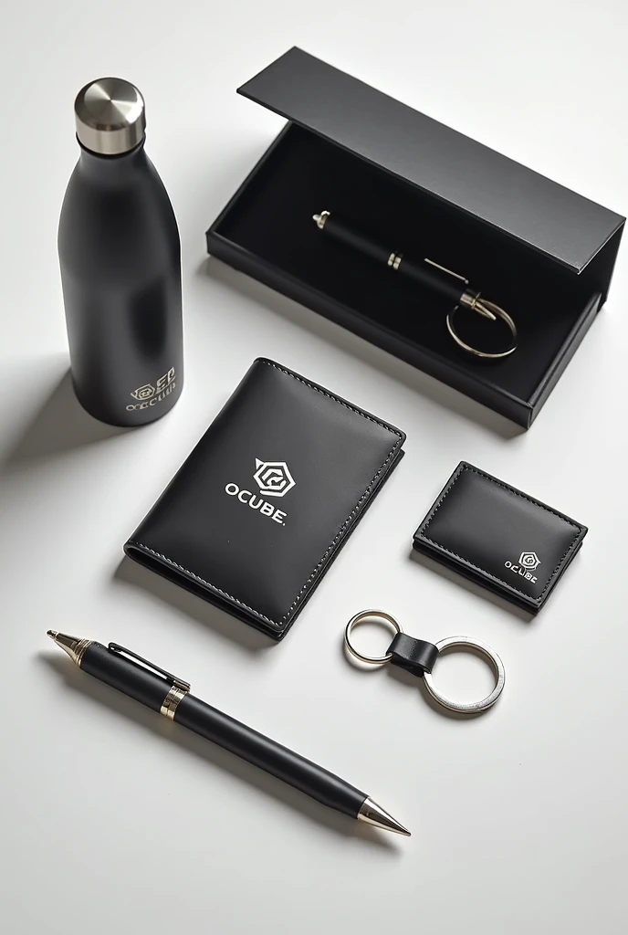 Create a corporate goodies of bottle pen wallet keychain box from ocube logo