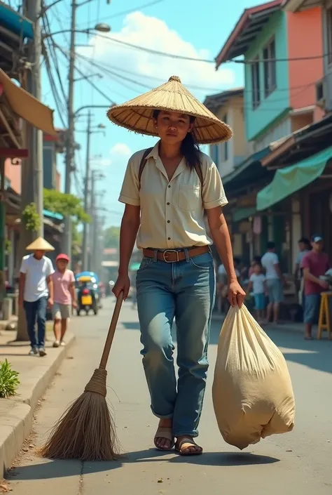 A street cleaner in the Philippines would likely be wearing a simple yet practical outfit, such as a pair of worn jeans, a plain white or colored shirt, and a pair of sturdy shoes or slippers. They may also wear a hat or a cap to protect themselves from th...