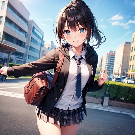 One girl、smile,Short ponytail black hair、Small breasts、(Black hoodie:1.1)、(White dress shirt:1.1)、Normal necktie、(Checked mini skirt:1.1)、Sunny blue sky city、(whole body),School bag、Dynamic Angle