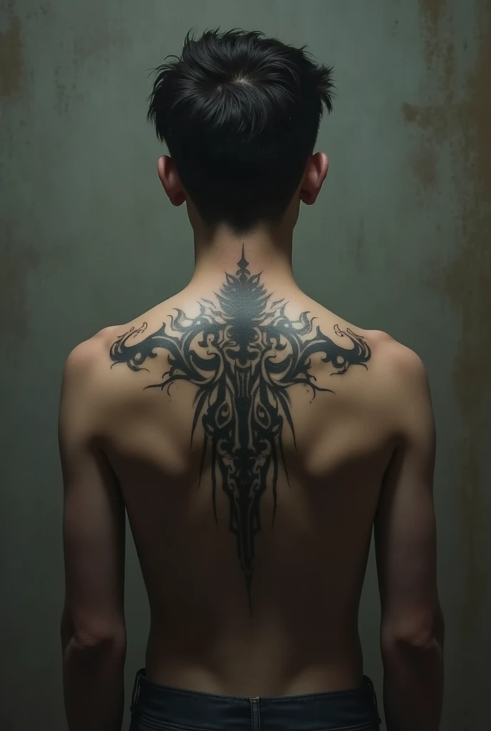 I need an image of 17 yr old boys by the back tattoo which covers a scar from a previous traumatic incidence  , a small 
