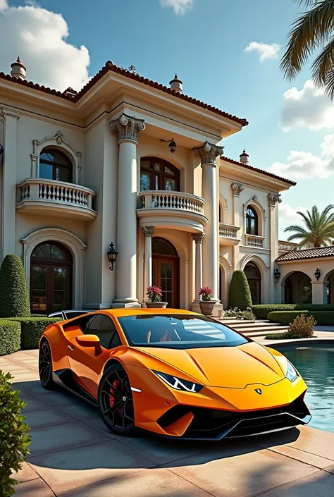 rich man&#39;s house with lamborghini huracan car 
