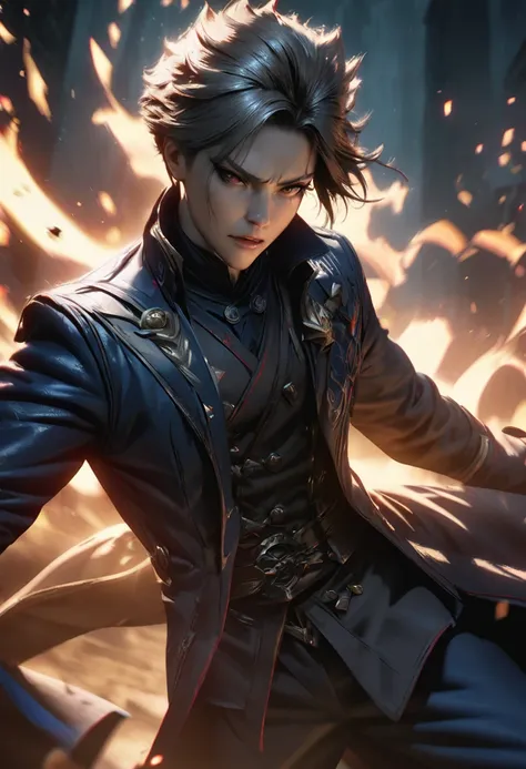 a highly detailed solo leveling protagonist suho,vergil from dmc 5,mixed with fgo art style,dramatic lighting,cinematic composition,dark and moody atmosphere,hyperrealistic,8k,unreal engine,stunning visuals,chiaroscuro lighting,vibrant colors,dramatic pose...