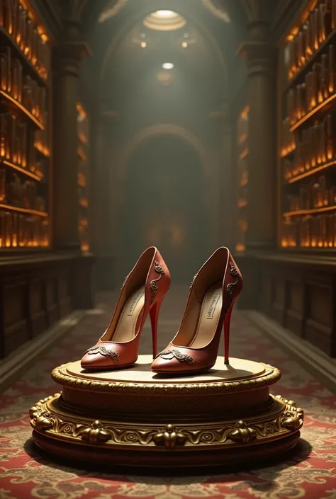 Worn high heels displayed on a pedestal in the center of the treasure room