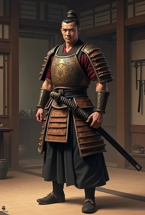 Create an image of Toda Ippo, a renowned swordsman from Japans feudal era. He should appear as a formidable, experienced warrior, wearing traditional samurai armor, with a katana sheathed at his side. His expression should convey both confidence and the wi...