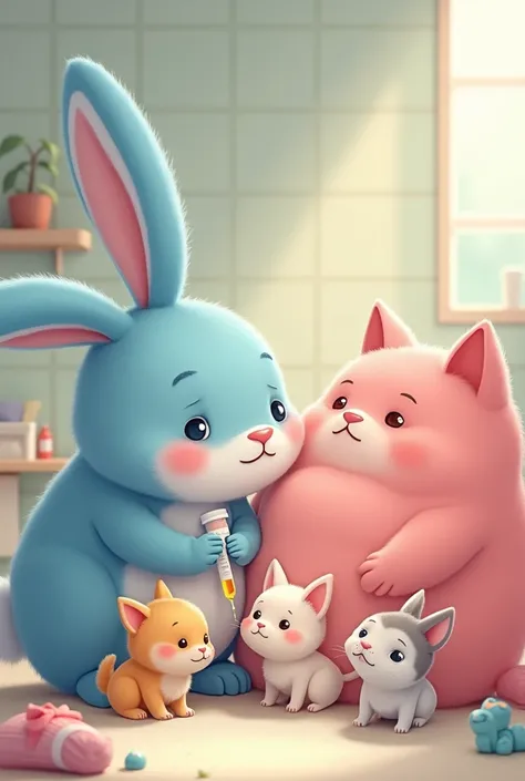 At the hospital, the blue rabbit helps the pink chubby cat give medicine to her kittens, carefully feeding them drops to help them recover from their fright.