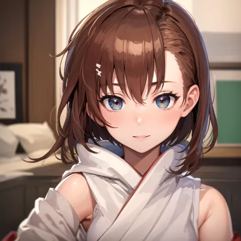 ((highest quality)), ((masterpiece)), (detailed), Perfect Face, Kimono girl standing in bed room portrait Misaka Mikoto 