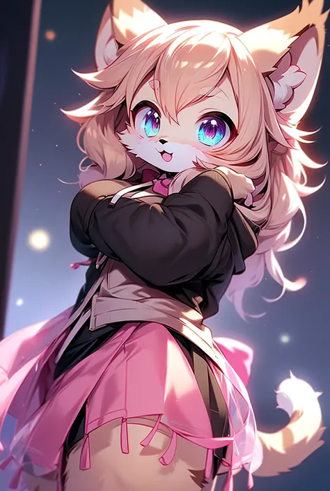 Cute, anime, furry, cat_girl, eyes_pink, hair_short, hair_pink, ears_large, large_breasts, tail_long, hair-bowtie_black, hoodie_black, skirt_pink