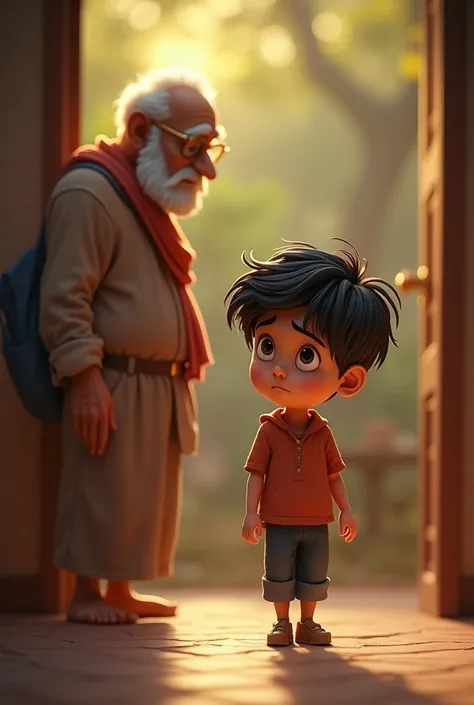 Realistic 3d cartoon style "A poignant scene depicting a small boy named Arjun, looking sad as he returns home from school. His eyes reflect disappointment as he slowly walks towards his room. In the background, his grandfather, an elderly man with a conce...