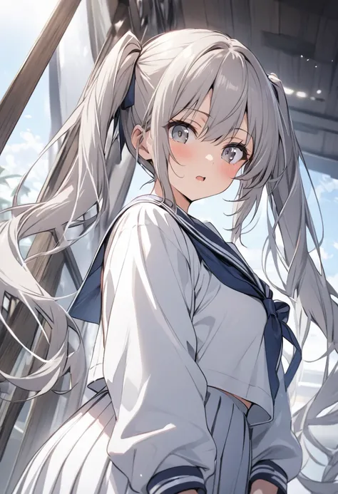 Best Quality、Lower Angle、One Girl、Sailor suit、Gray Hair、Twin tails、cute、