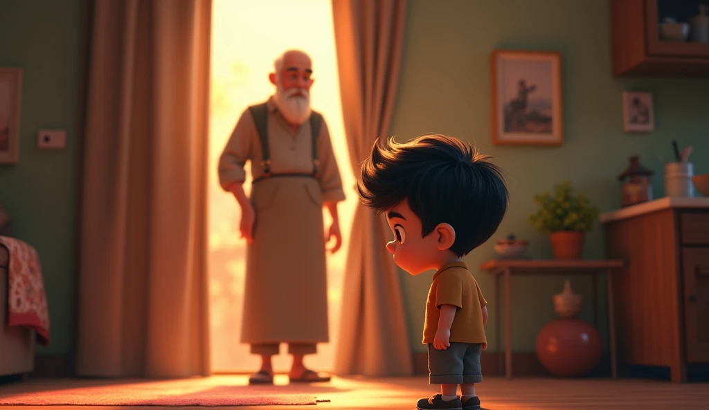 Realistic 3d cartoon style "A poignant scene depicting a small boy named Arjun, looking sad as he returns home from school. His eyes reflect disappointment as he slowly walks towards his room. In the background, his grandfather, an elderly man with a conce...