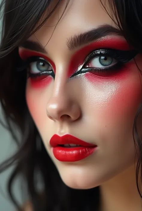 Red and silver foxy eyes makeup with black eyeliner