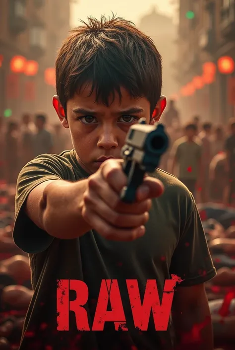 Make a Poster For A Action Movie ratio 18:9 a Boy With Angry Face Holding A Gun On Hand Background 20 People died and Blood Flowing the Movie Name Is RAW