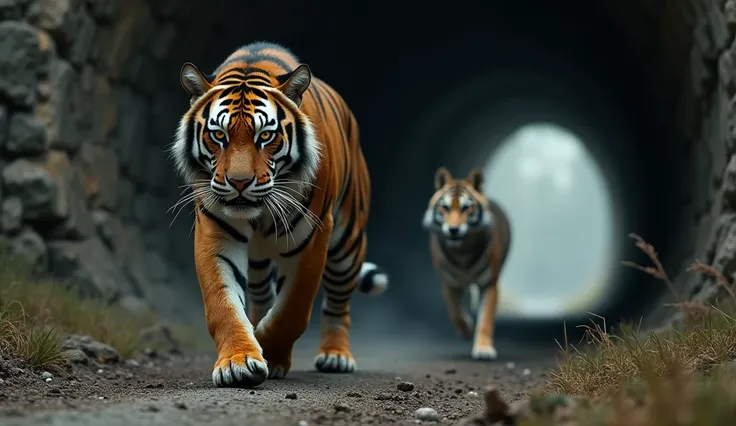 Tiger looking the tunnel ,wolf running away trough  the tunnel 