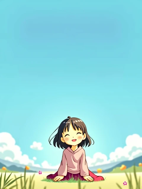 One girl, blue sky,Sitting,smile