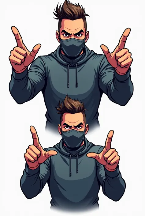 "Create a logo featuring a gamer boy with the best hairstyle and wearing a stylish face mask. There should be only one boy in the photo, but in various poses, with different hand positions. The boy should appear around 40 years old and wear the best clothe...