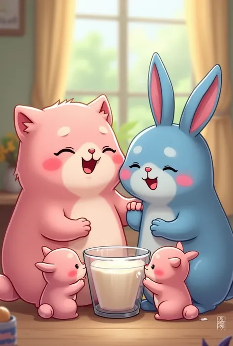 The pink chubby cat and the blue rabbit smile as the chubby pink kittens happily drink warm milk. The kittens purr contentedly, snuggled up in their mother’s soft fur.