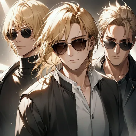 A man with short blonde hair wearing black sunglasses and a man with long blonde hair wearing black sunglasses and a man with short brown hair wearing black sunglasses and a man with short white hair wearing black sunglasses.