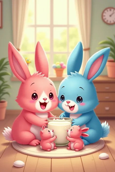 The pink chubby cat and the blue rabbit smile as the chubby pink kittens happily drink warm milk. The kittens purr contentedly, snuggled up in their mother’s soft fur.