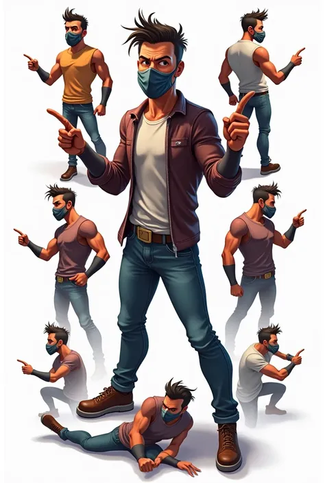 "Create a logo featuring a gamer boy with the best hairstyle and wearing a stylish face mask. There should be only one boy in the photo, but in various poses, with different hand positions. The boy should appear around 40 years old and wear the best clothe...