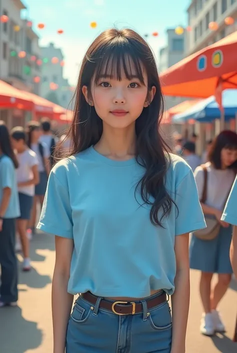 A 165cm tall high school girl with a C cup is wearing a light blue T-shirt at the second year high school cultural festival.