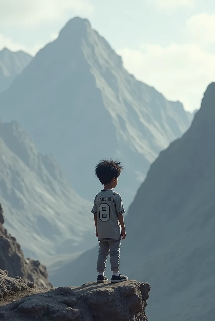 Generate an picture of a boy standing at the edge of a mountain with a grey shirt and a grey pant. The height of the boy should be 5 feet 4 inches and there should be written 8 and in the down harshit on the shirt like a jersy. His hairs should be like ind...