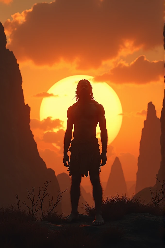 "Create an image of an ancient human silhouette standing alone in a primordial landscape with a dramatic sunset background, emphasizing mystery and curiosity.
"4k Quality Acspet Ratio 16:9.