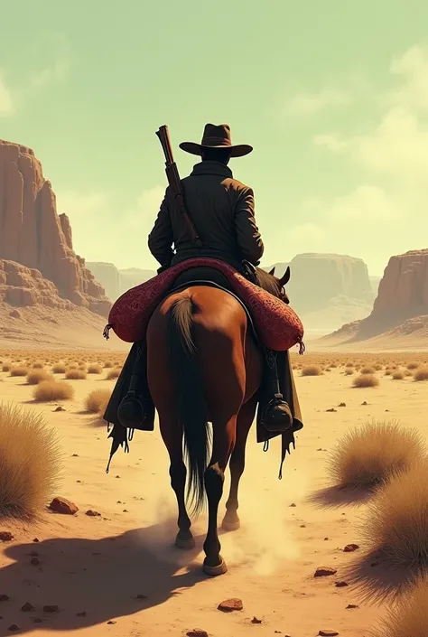 The man who sells 3 bags of rotten pork, he is dressed as a cowboy, wearing a cloth covering his face and mouth, riding a horse, and carrying a shotgun on his back. He is in a desert area in America. I want it to be an anime.