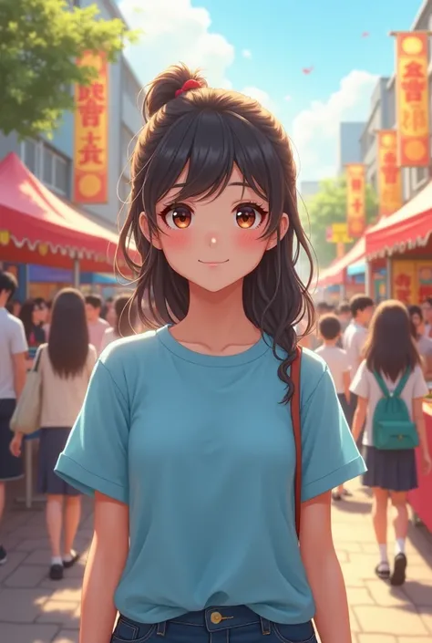 A 165cm tall, C-cup high school girl in her second year of high school wearing a light blue T-shirt at the cultural festival.