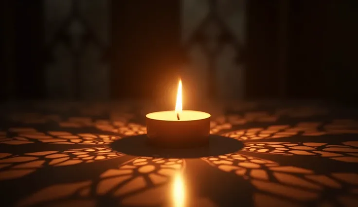 A viral social media image of a glowing candle in the foreground casting shadows that evoke a solemn and reverent atmosphere.
