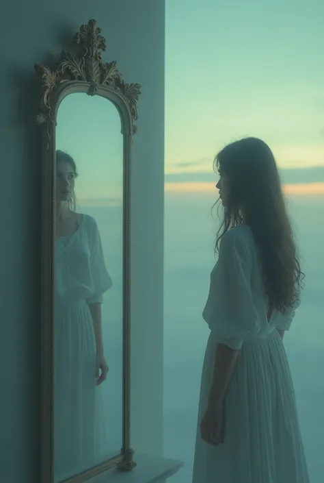 "A poetic, serene scene with a person gazing at a mirror that reflects the vast sky, symbolizing longing and admiration. The mirror is slightly misted, suggesting the mirror itself yearns for something. The background is a soft, dreamy setting with dim lig...