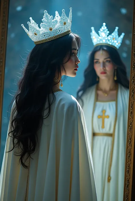 A beautiful curvy dark hair woman standing infront of a full size mirror wearing a white cloak with a golden cross embroided on the back. Mother Mary is standing beside her crowing her with a blue sparkling tiara